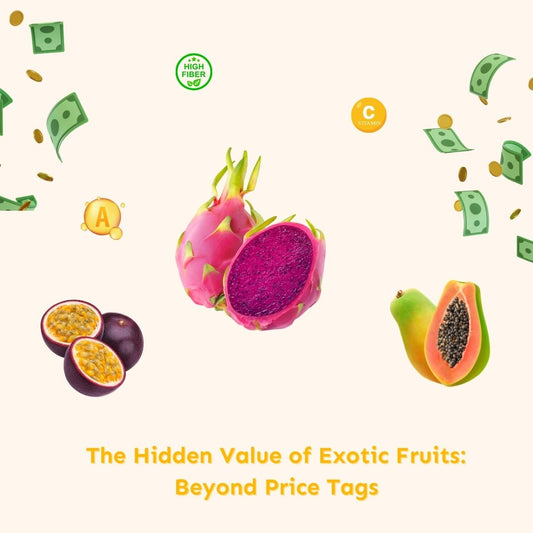 Dragon fruit, passion fruit, and papaya surrounded by currency symbols and nutrient icons (Vitamins A, C, and fiber), illustrating their nutritional value beyond price.